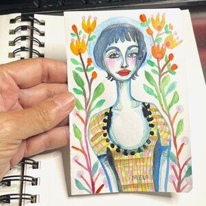 Short Blue Haired Woman Painting